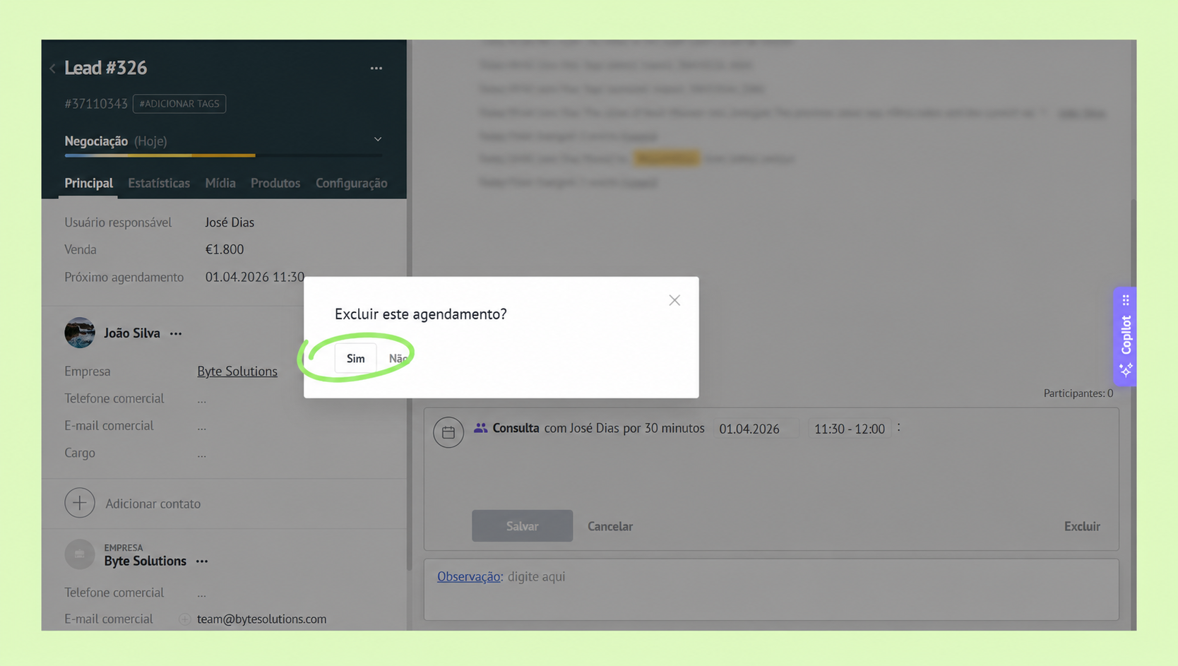 Confirmation dialog asking to delete an appointment with options to confirm or cancel.